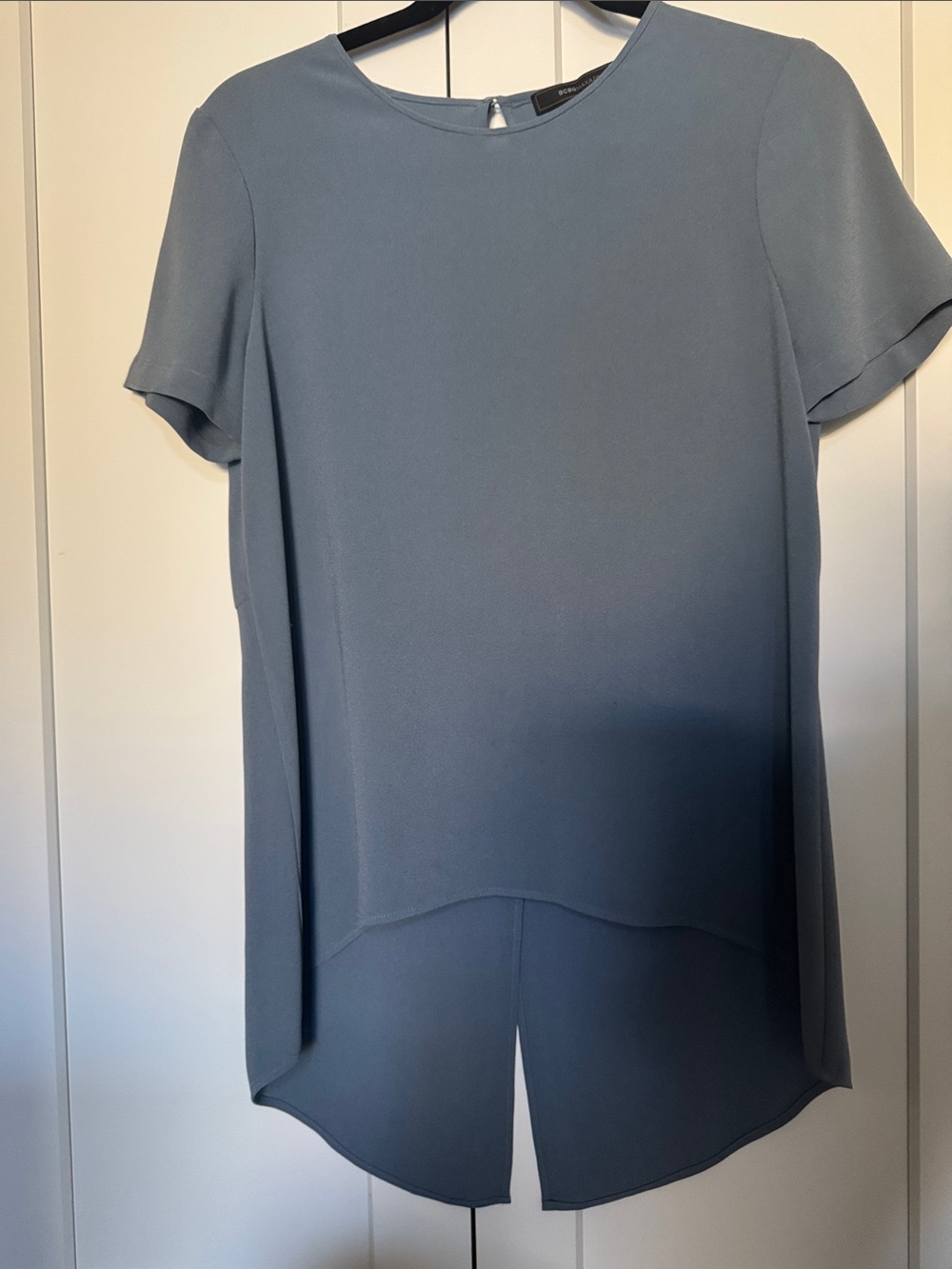 BCBGMaxAzria Dusty Blue Short Sleeve High-Low Blouse